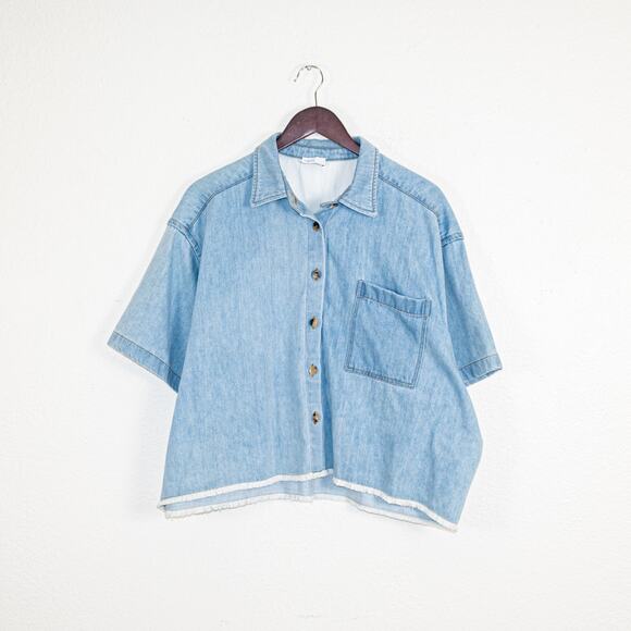 Rosetta Getty $730 Cropped Denim Shirt Mid Blue Wide Boxy fit - Picture 2 of 9